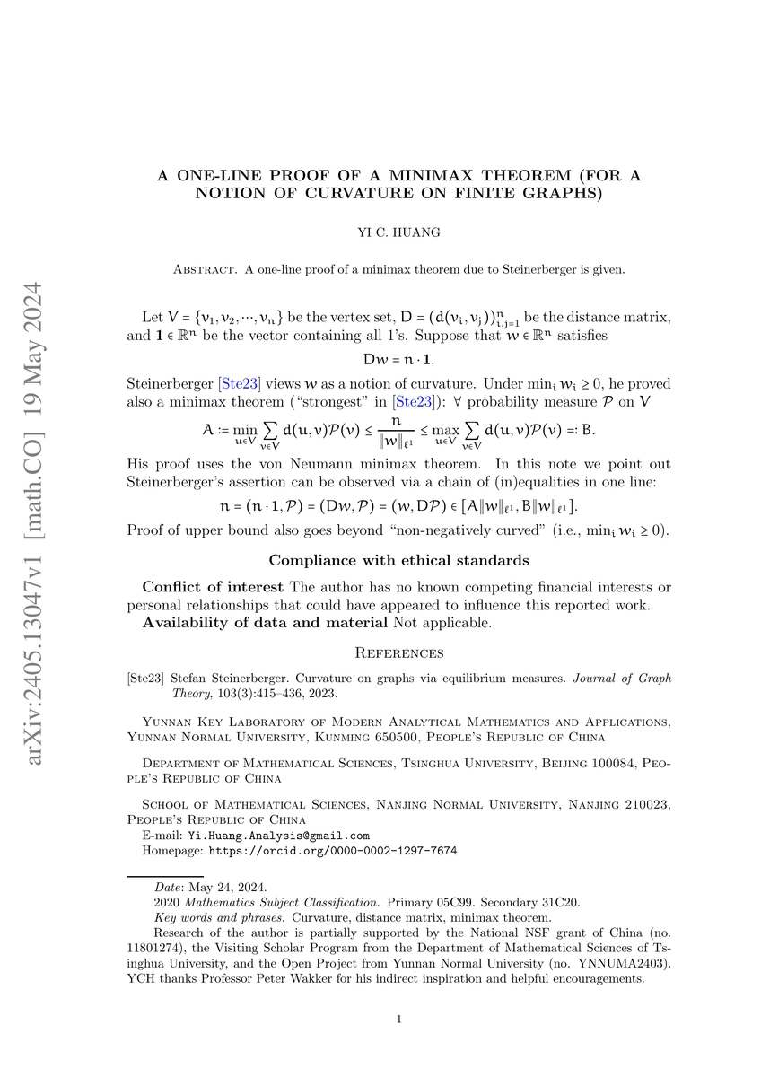 Thumbnail for A one-line proof of a minimax theorem (for a notion of curvature on
  finite graphs)