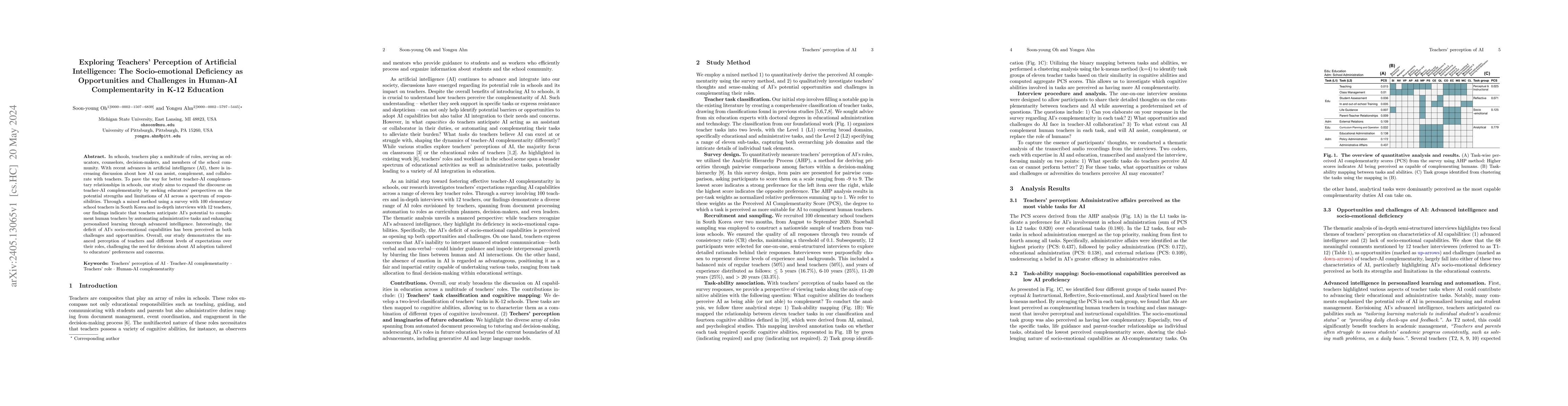 Thumbnail for Exploring Teachers' Perception of Artificial Intelligence: The
  Socio-emotional Deficiency as Opportunities and Challenges in Human-AI
  Complementarity in K-12 Education