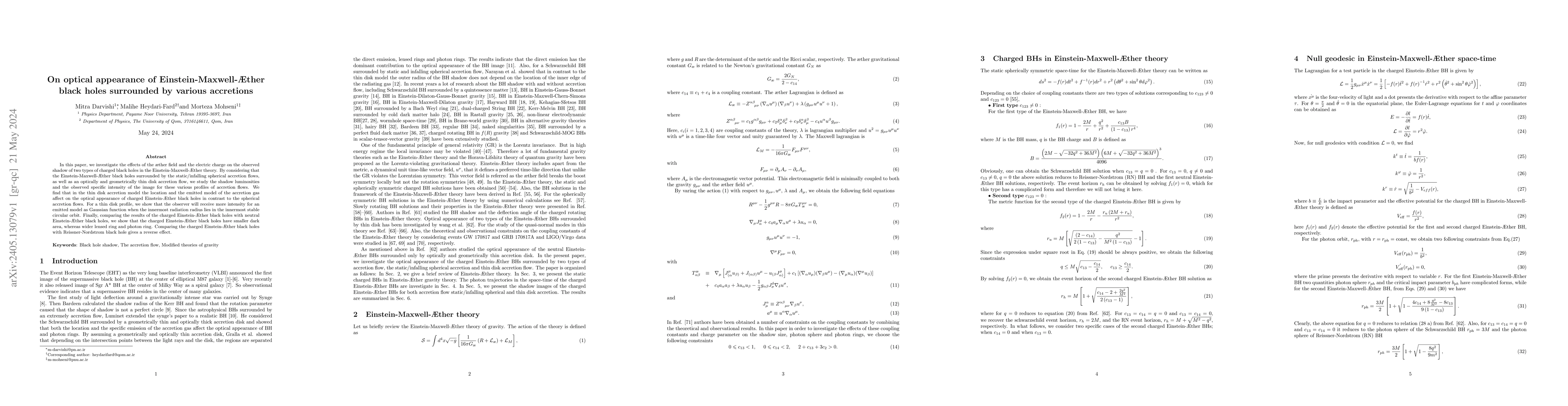 Thumbnail for On optical appearance of Einstein-Maxwell-{\AE}ther black holes
  surrounded by various accretions