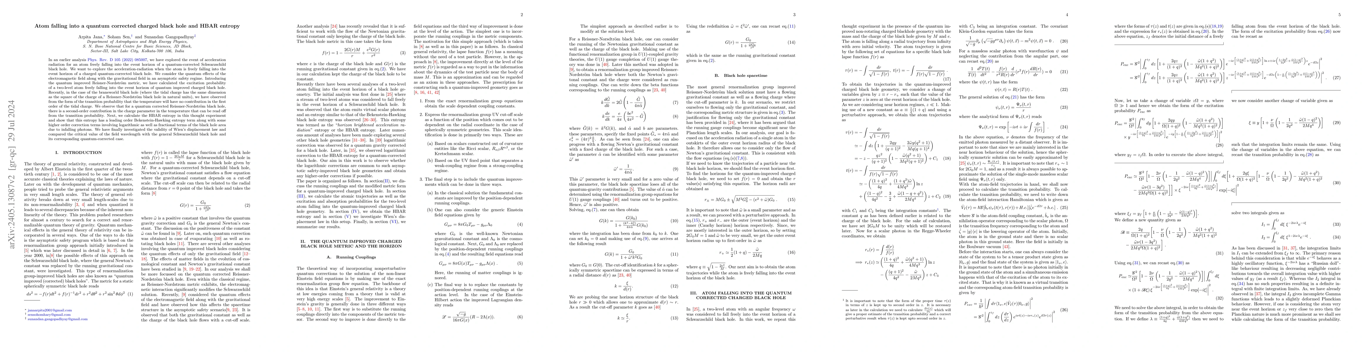 Thumbnail for Atom falling into a quantum corrected charged black hole and HBAR
  entropy