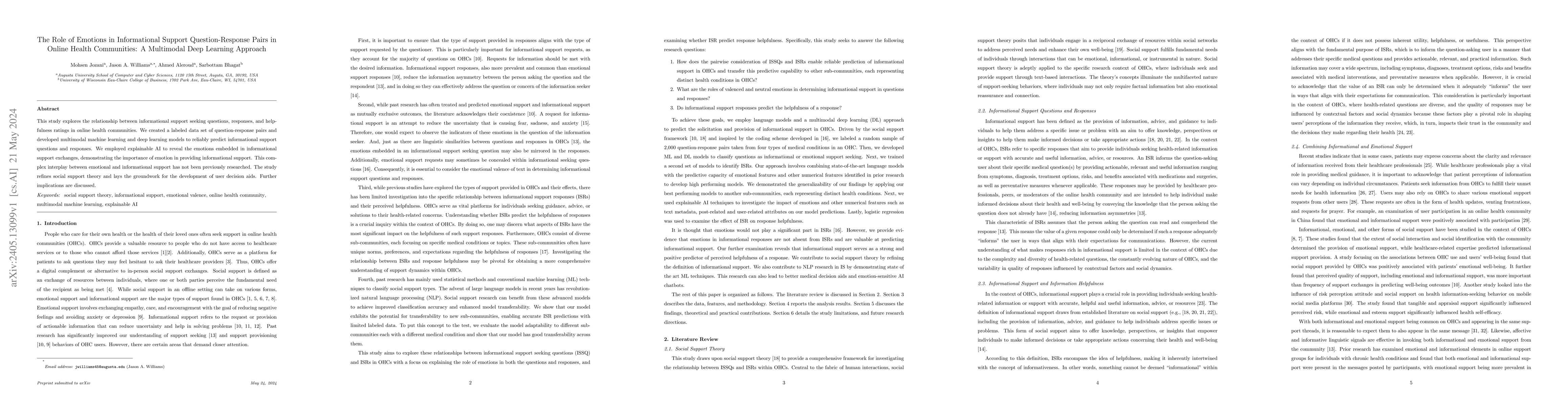 Thumbnail for The Role of Emotions in Informational Support Question-Response Pairs in
  Online Health Communities: A Multimodal Deep Learning Approach