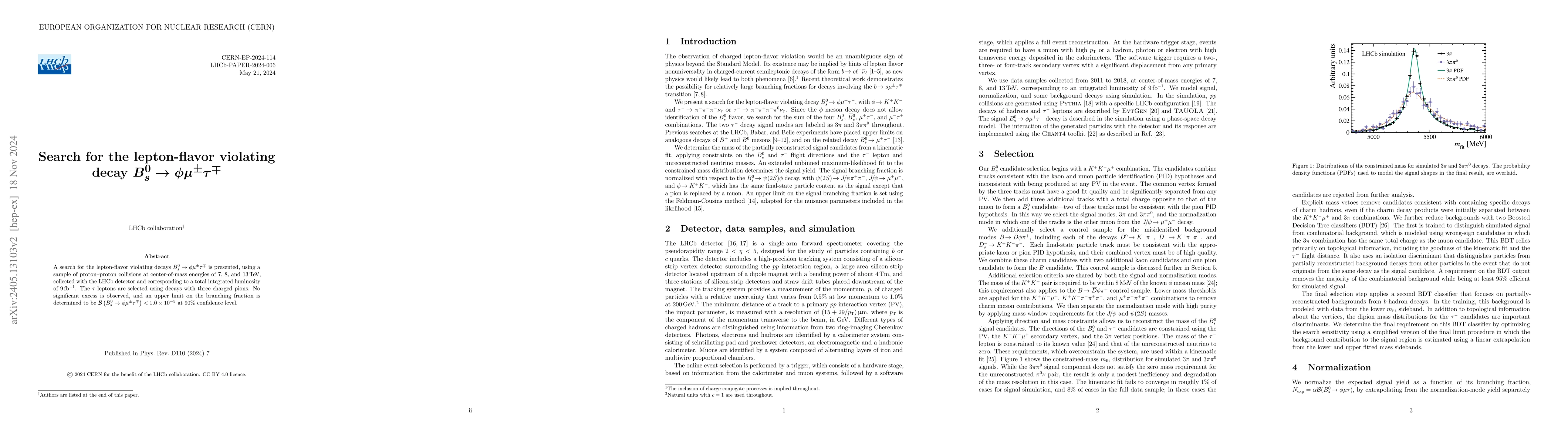 Thumbnail for Search for the lepton-flavor violating decay
  $B^0_s\to\phi\mu^\pm\tau^\mp$