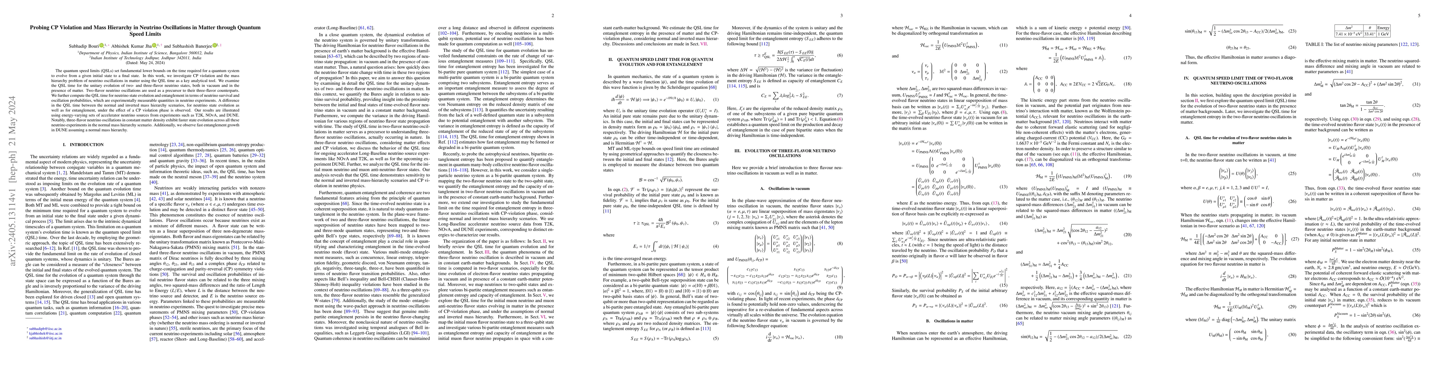 Thumbnail for Probing CP Violation and Mass Hierarchy in Neutrino Oscillations in
  Matter through Quantum Speed Limits