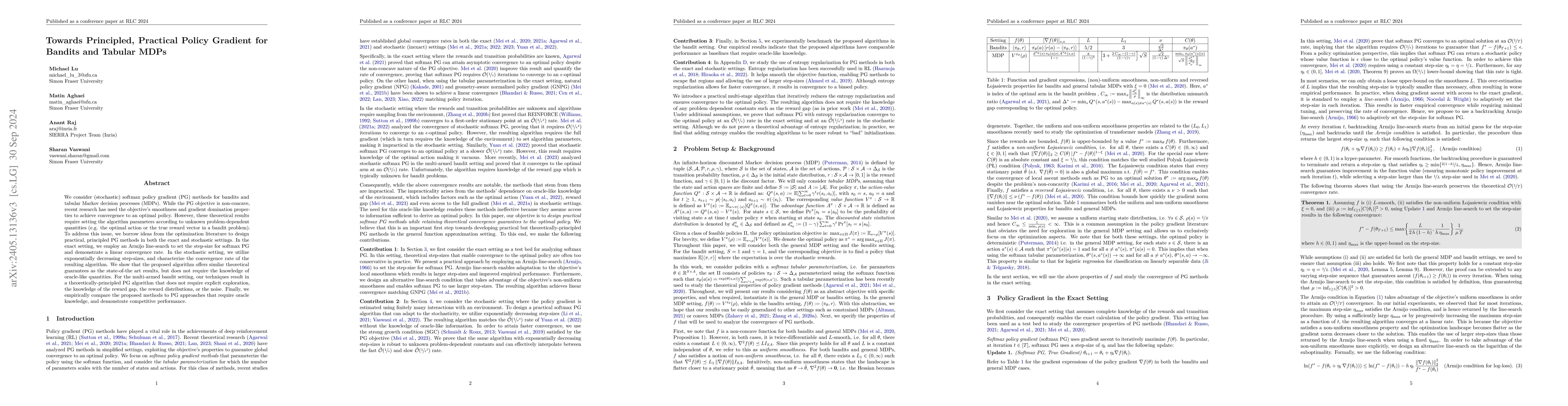 Thumbnail for Towards Principled, Practical Policy Gradient for Bandits and Tabular
  MDPs