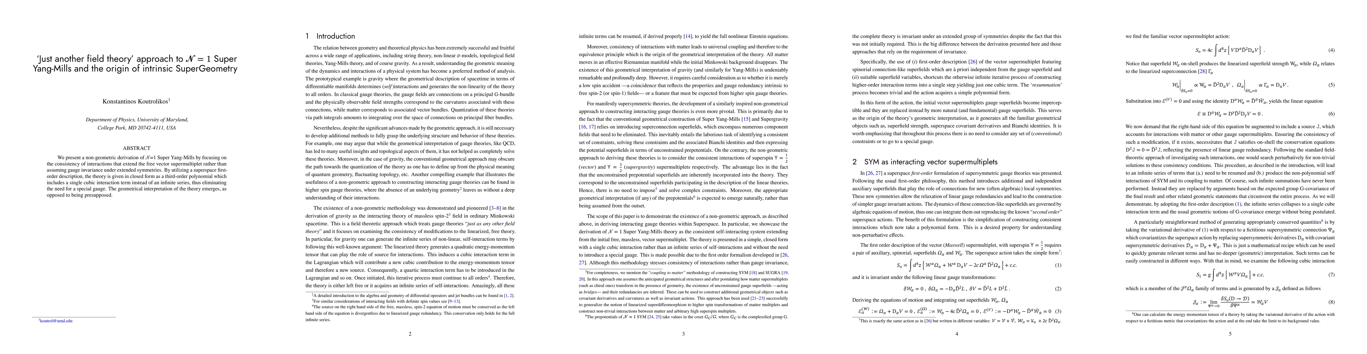 Thumbnail for 'Just another field theory' approach to $\mathcal{N}$=1 Super Yang-Mills
  and the origin of intrinsic SuperGeometry