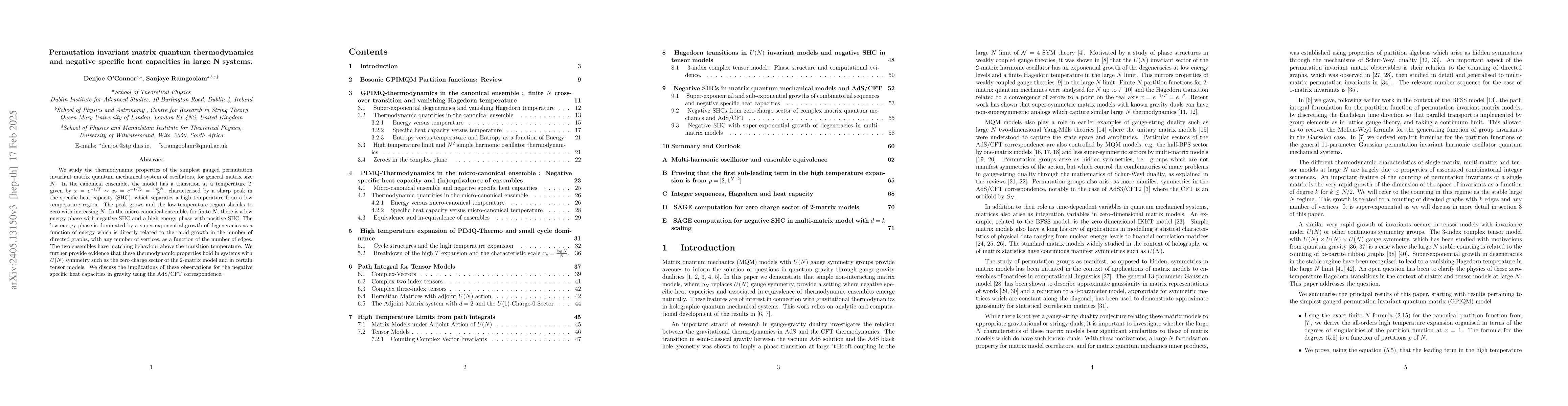 Thumbnail for Permutation invariant matrix quantum thermodynamics and negative
  specific heat capacities in large N systems