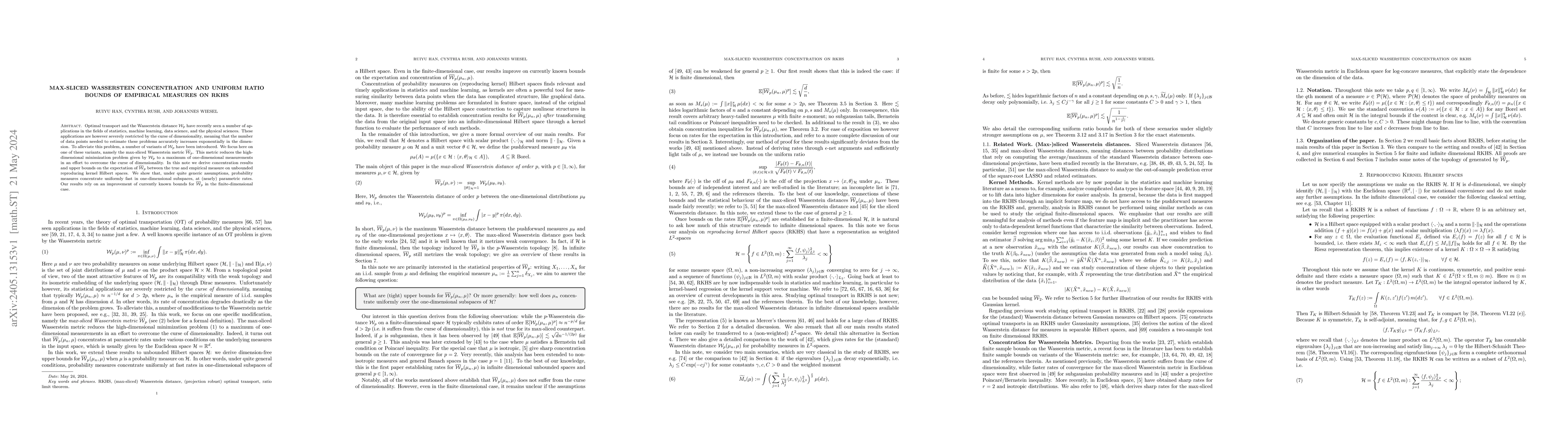 Thumbnail for Max-sliced Wasserstein concentration and uniform ratio bounds of
  empirical measures on RKHS
