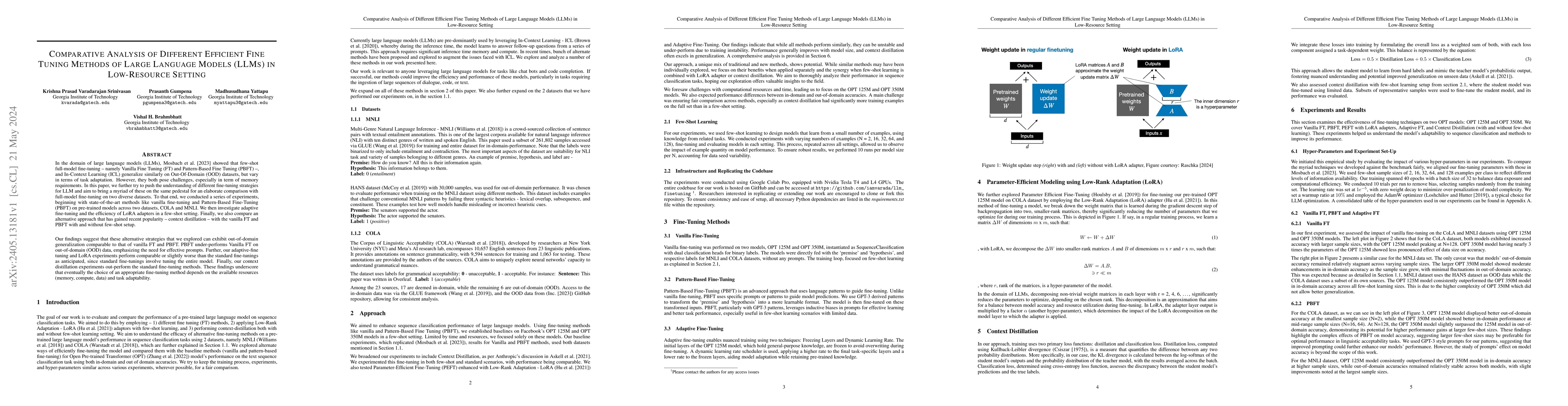 Thumbnail for Comparative Analysis of Different Efficient Fine Tuning Methods of Large
  Language Models (LLMs) in Low-Resource Setting