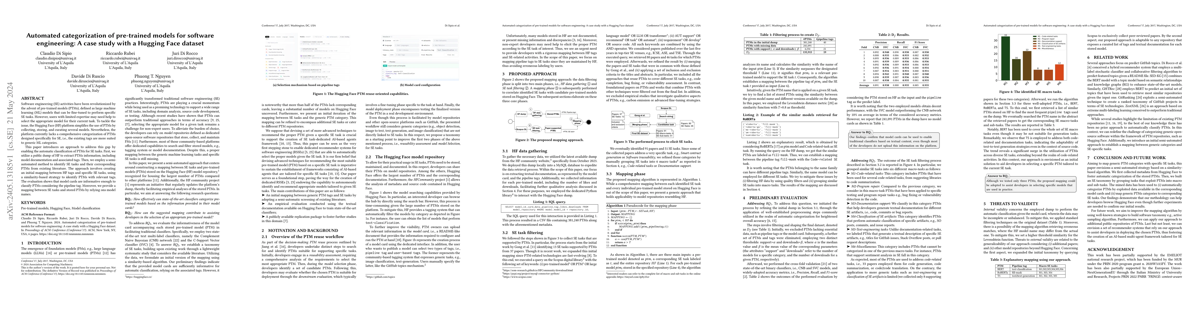 Thumbnail for Automated categorization of pre-trained models for software engineering:
  A case study with a Hugging Face dataset