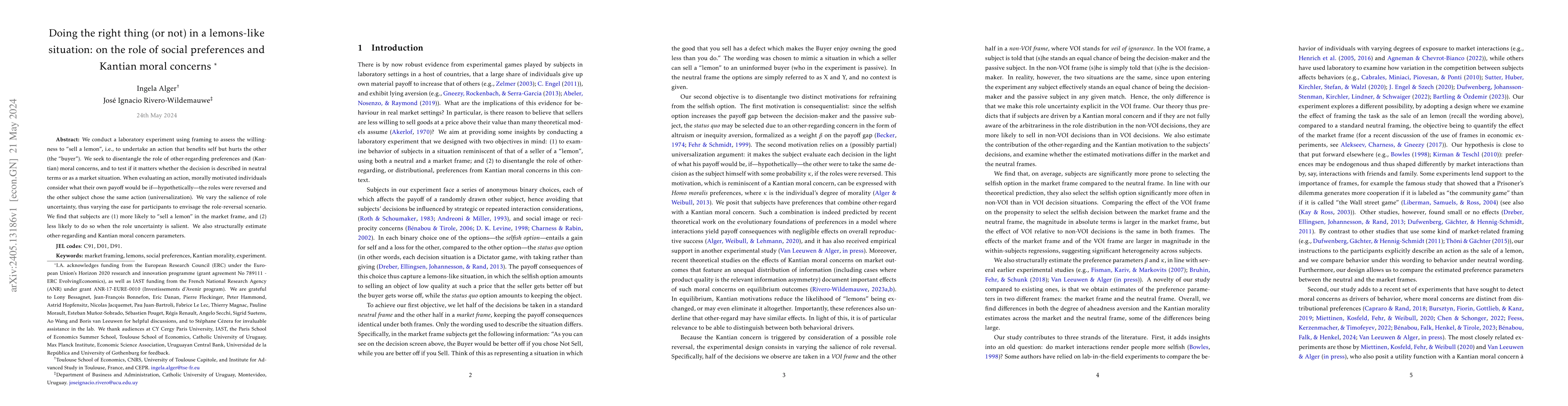Thumbnail for Doing the right thing (or not) in a lemons-like situation: on the role
  of social preferences and Kantian moral concerns