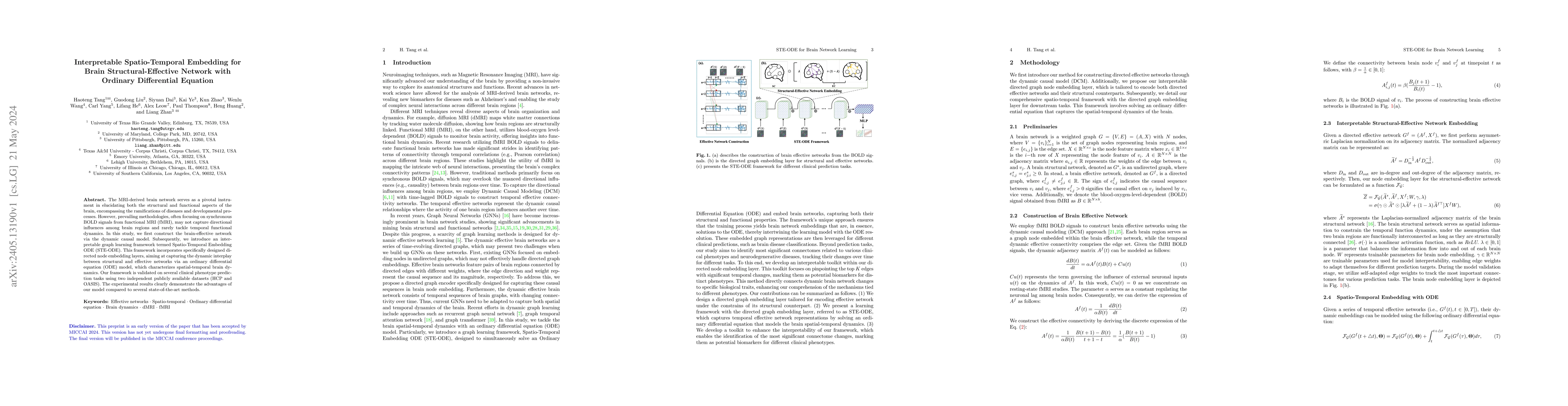 Thumbnail for Interpretable Spatio-Temporal Embedding for Brain Structural-Effective
  Network with Ordinary Differential Equation