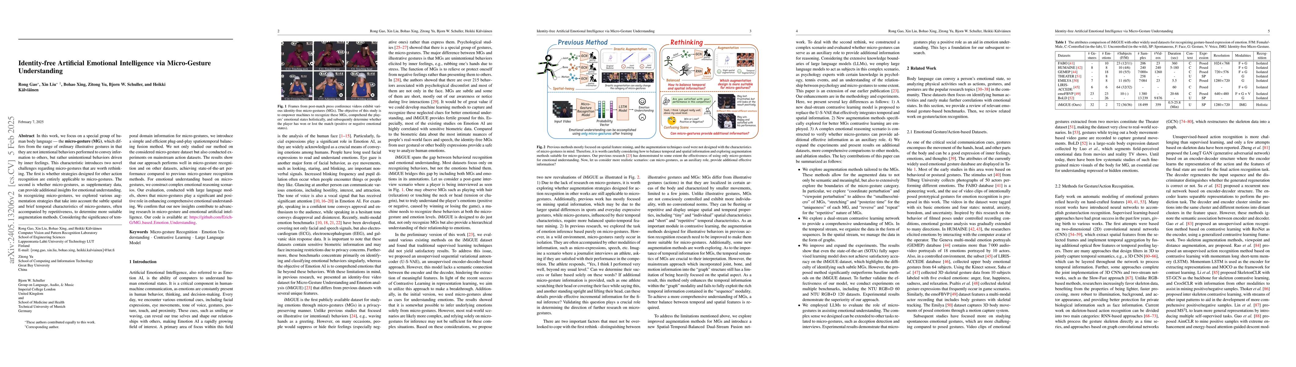 Thumbnail for Identity-free Artificial Emotional Intelligence via Micro-Gesture
  Understanding