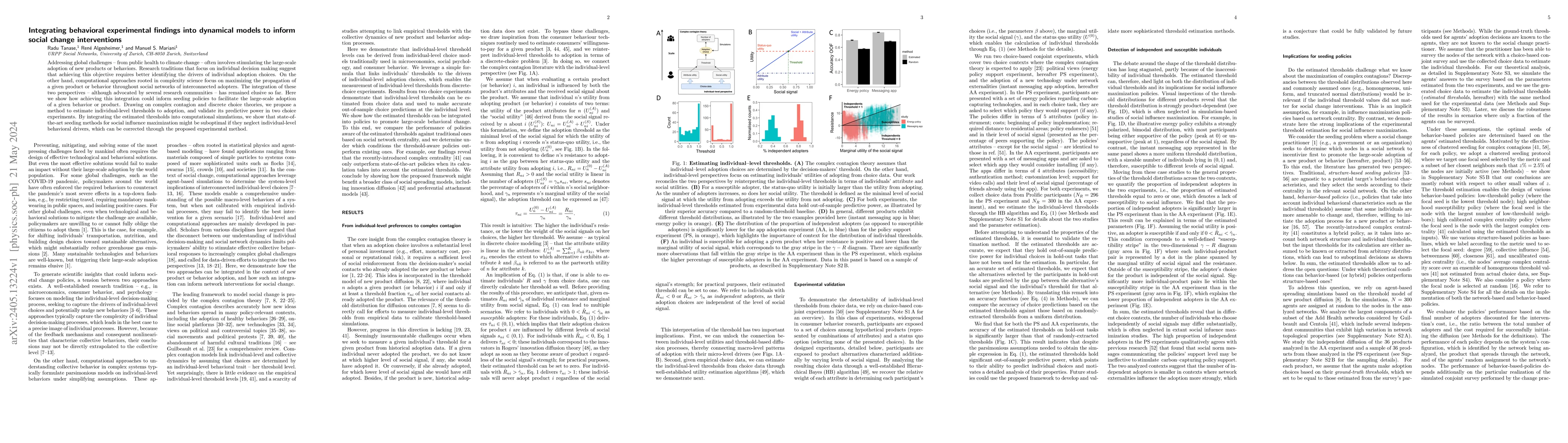 Thumbnail for Integrating behavioral experimental findings into dynamical models to
  inform social change interventions