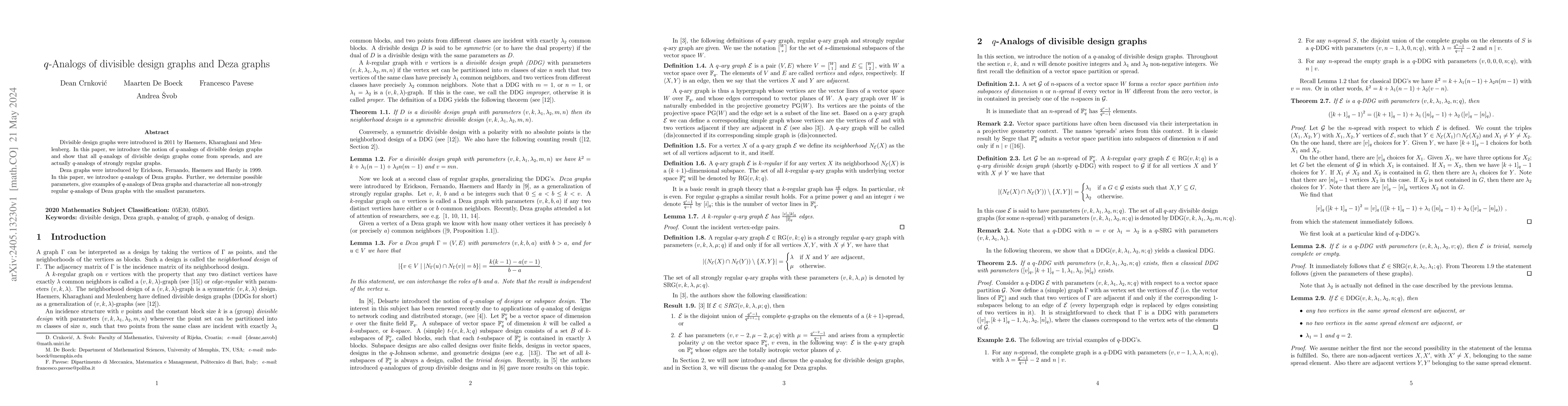 Thumbnail for $q$-Analogs of divisible design graphs and Deza graphs