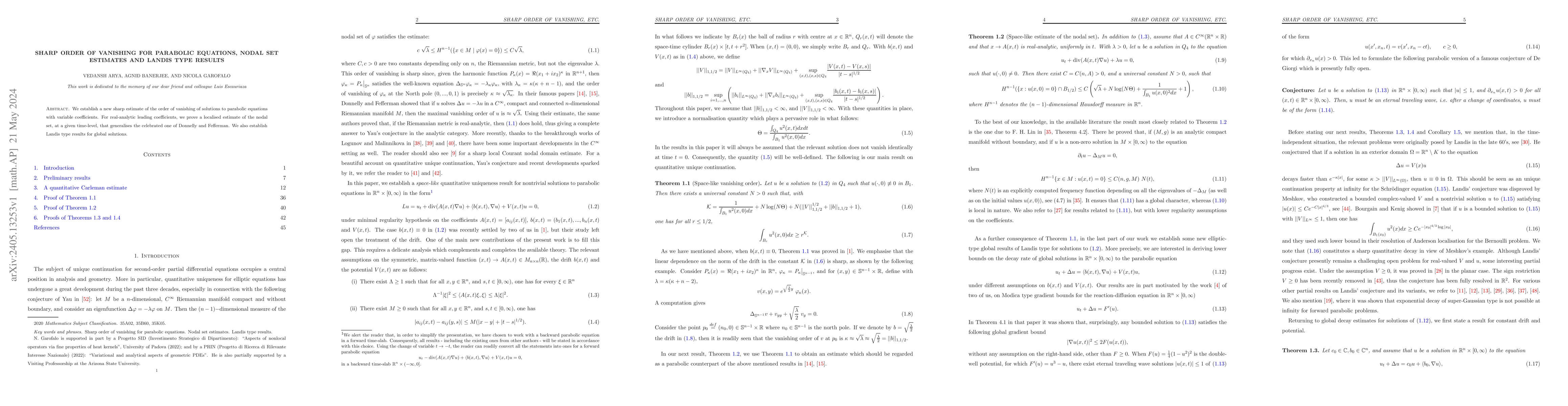 Thumbnail for Sharp order of vanishing for parabolic equations, nodal set estimates
  and Landis type results