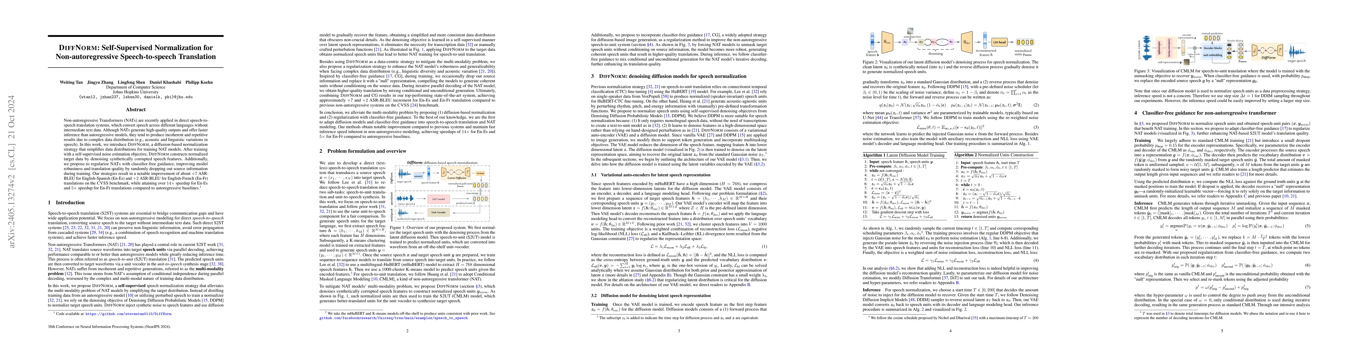 Thumbnail for DiffNorm: Self-Supervised Normalization for Non-autoregressive
  Speech-to-speech Translation