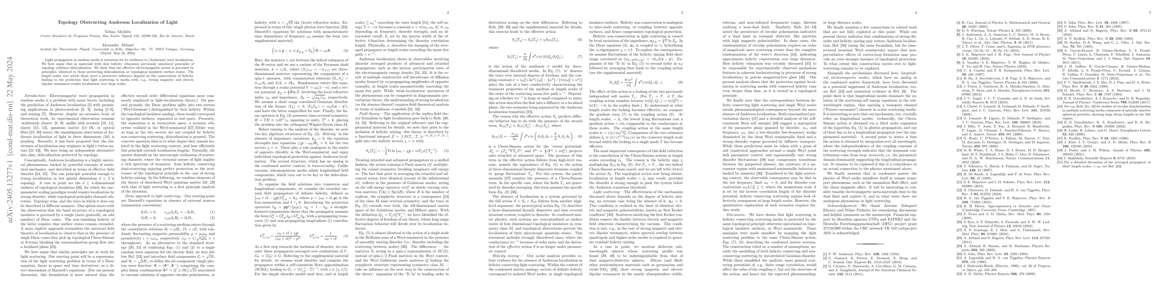 Thumbnail for Topology Obstructing Anderson Localization of Light