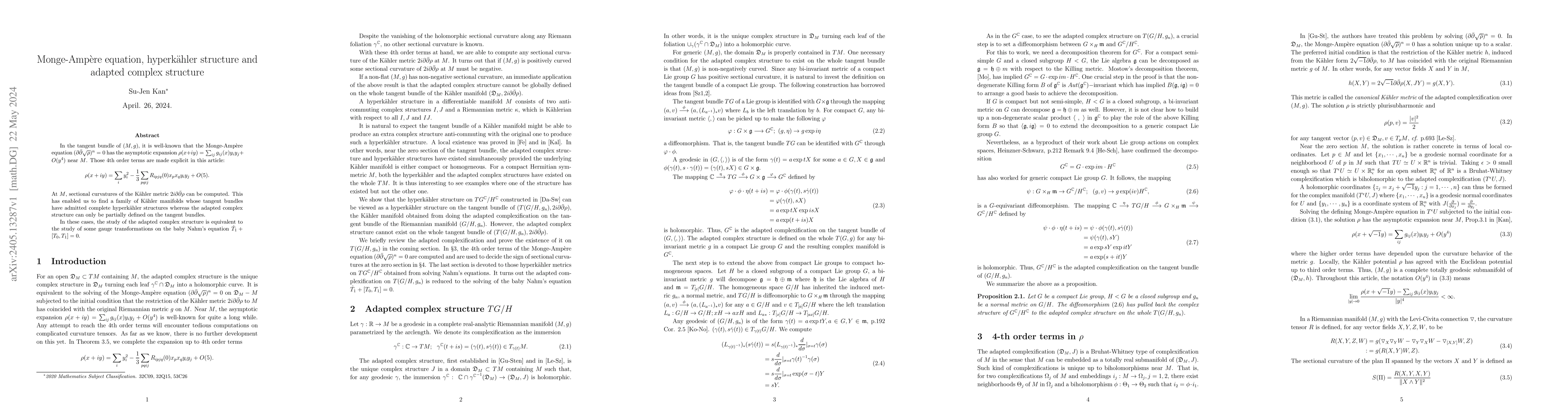 Thumbnail for Monge-Amp\`ere equation, hyperk\"ahler structure and adapted complex
  structure