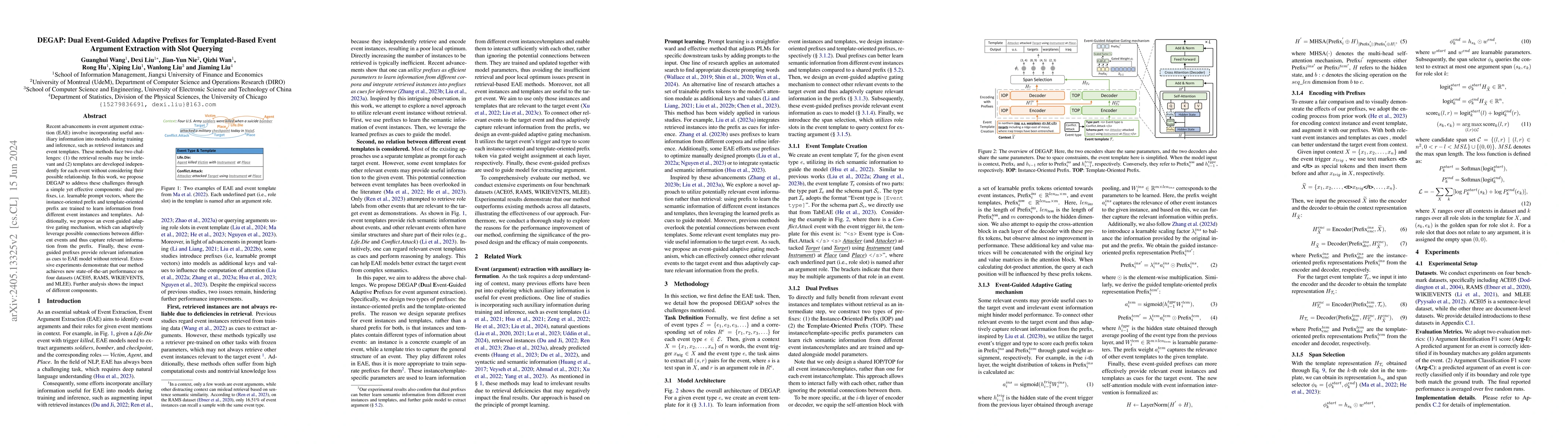 Thumbnail for DEGAP: Dual Event-Guided Adaptive Prefixes for Templated-Based Event
  Argument Extraction with Slot Querying