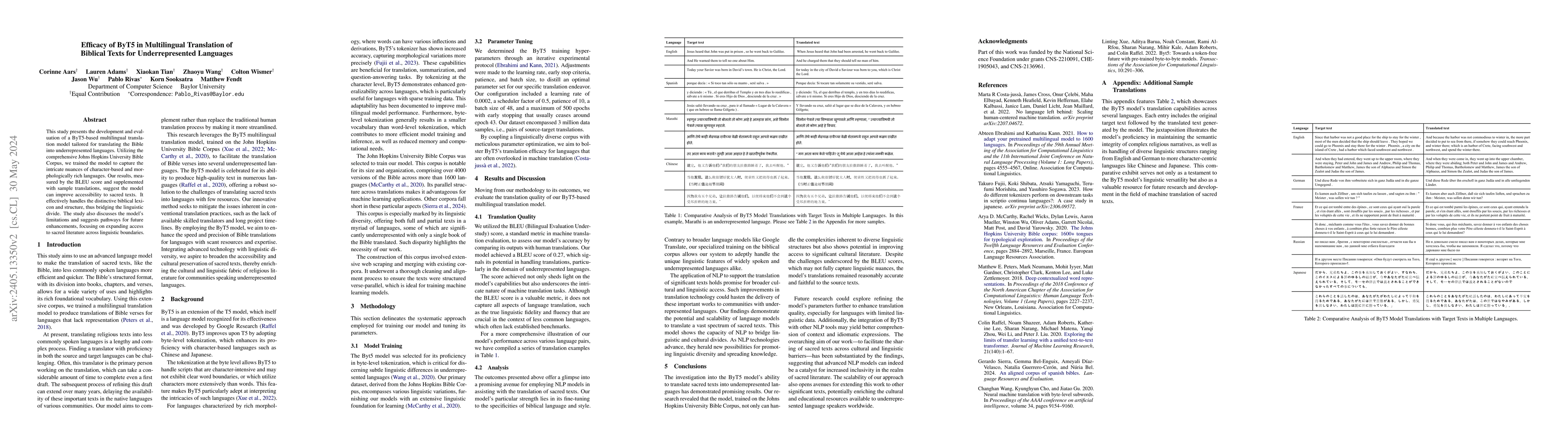 Thumbnail for Efficacy of ByT5 in Multilingual Translation of Biblical Texts for
  Underrepresented Languages