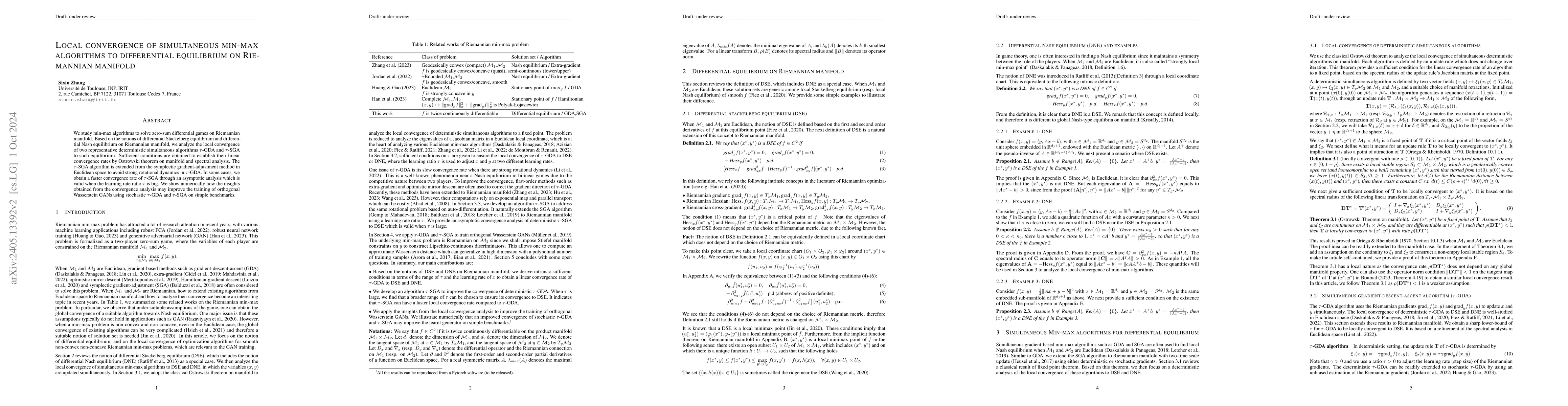 Thumbnail for Local convergence of min-max algorithms to differentiable equilibrium on
  Riemannian manifold