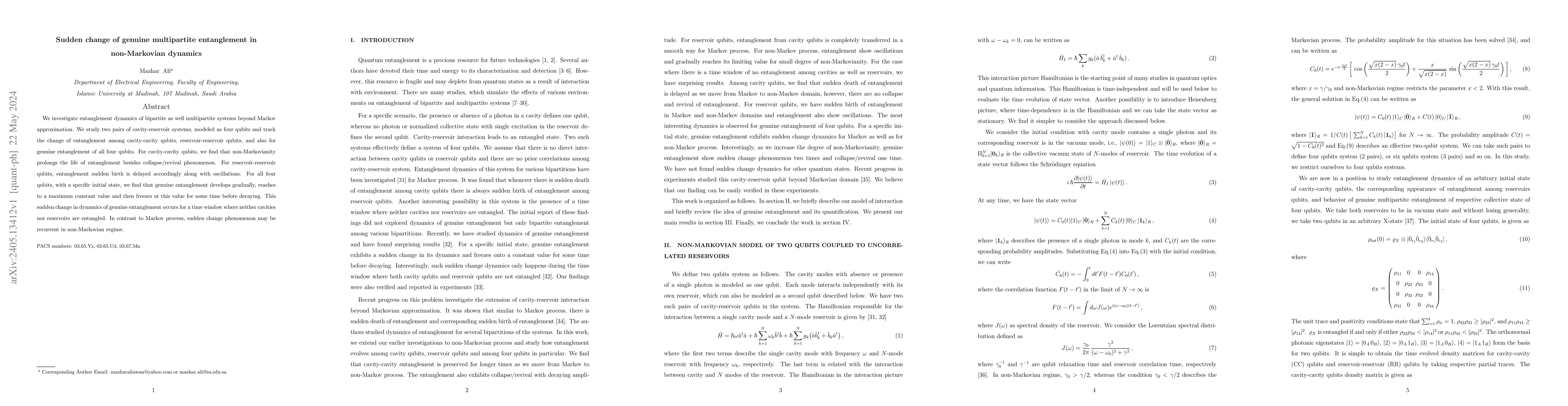 Thumbnail for Sudden change of genuine multipartite entanglement in non-Markovian
  dynamics