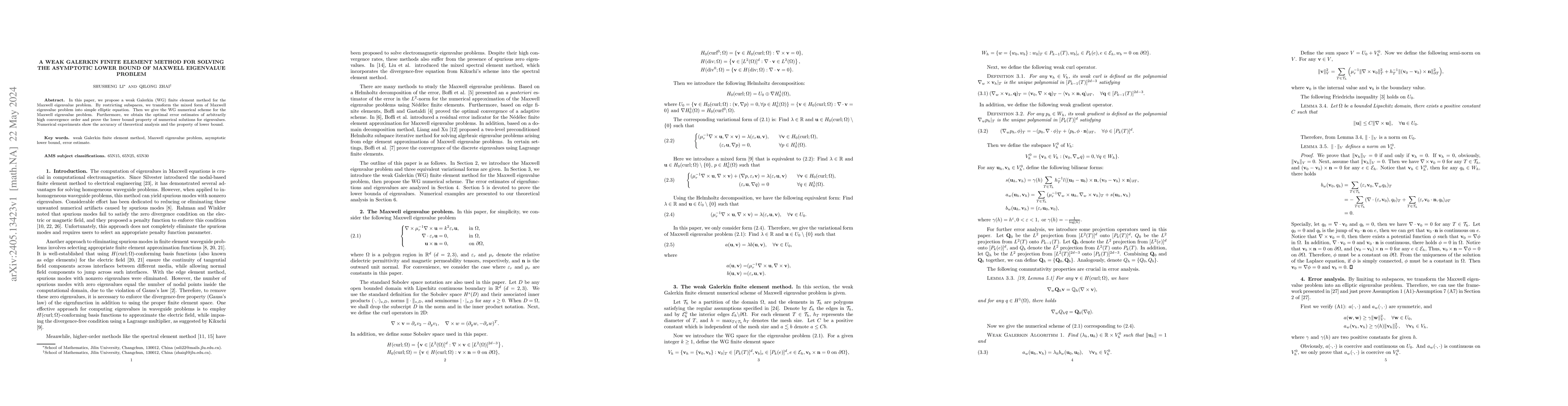 Thumbnail for A weak Galerkin finite element method for solving the asymptotic lower
  bound of Maxwell eigenvalue problem