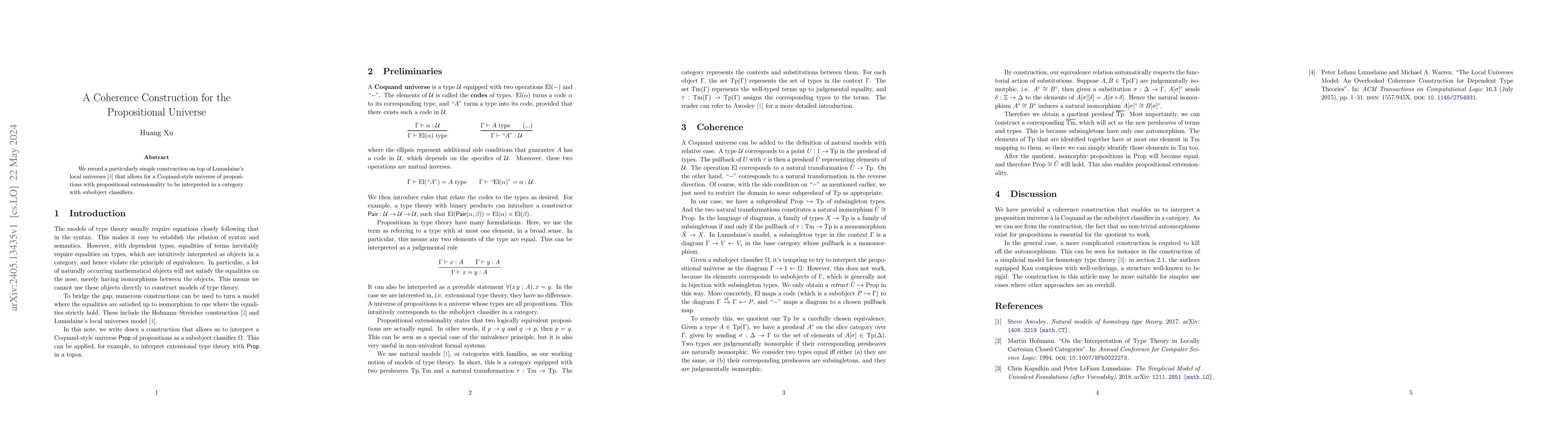 Thumbnail for A Coherence Construction for the Propositional Universe