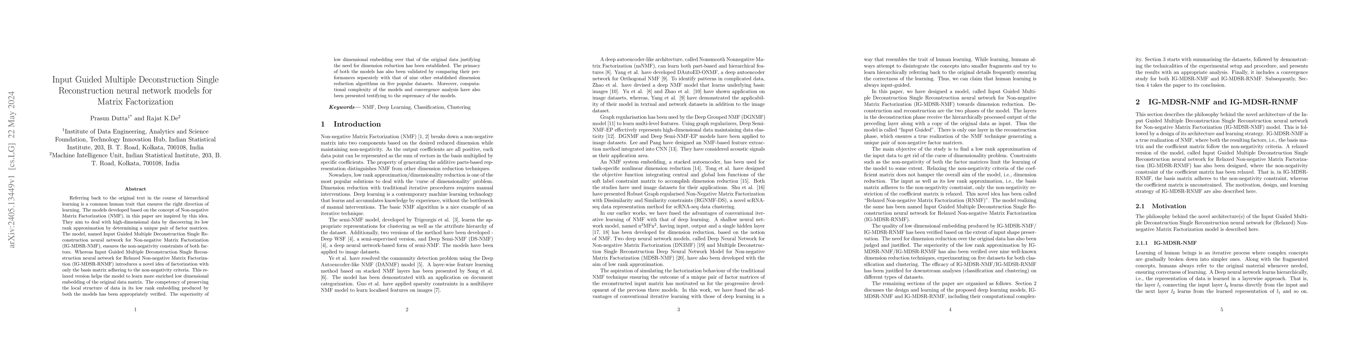 Thumbnail for Input Guided Multiple Deconstruction Single Reconstruction neural
  network models for Matrix Factorization