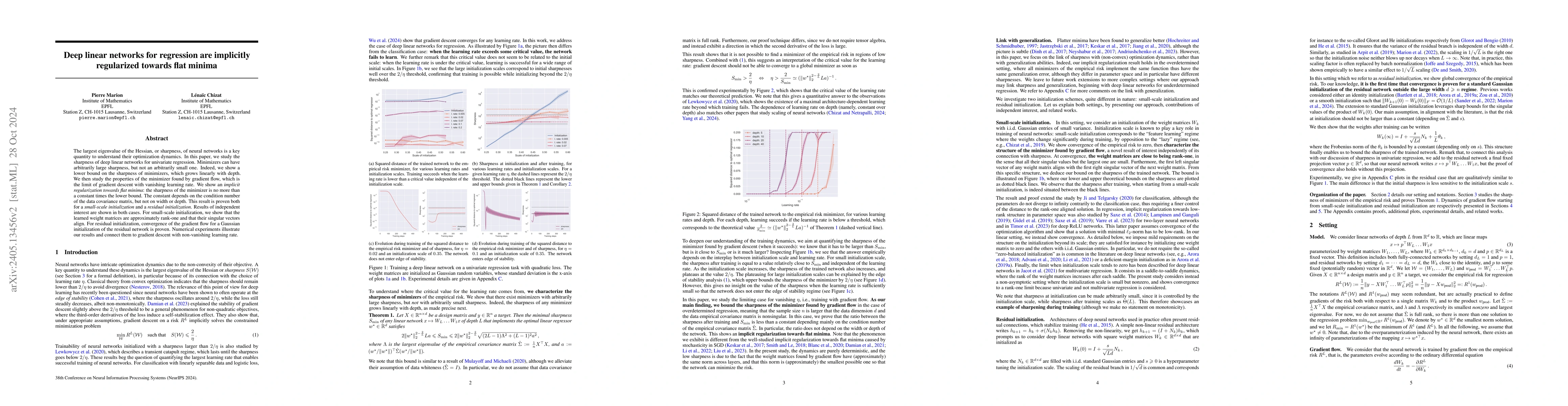 Thumbnail for Deep linear networks for regression are implicitly regularized towards
  flat minima