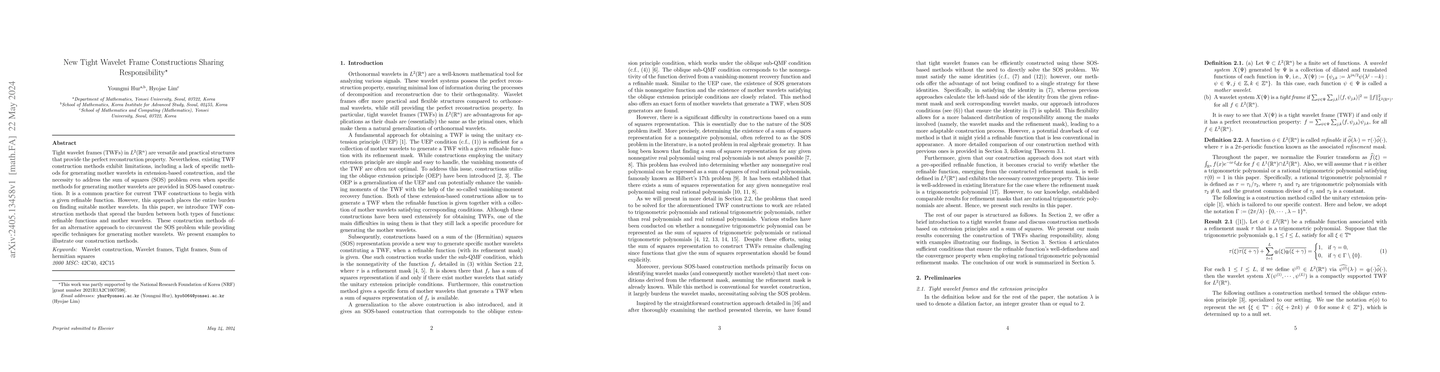 Thumbnail for New Tight Wavelet Frame Constructions Sharing Responsibility