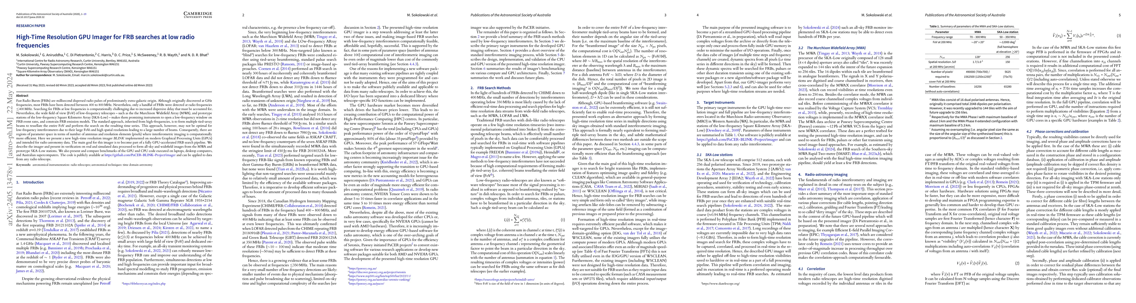 Thumbnail for High-Time Resolution GPU Imager for FRB searches at low radio
  frequencies
