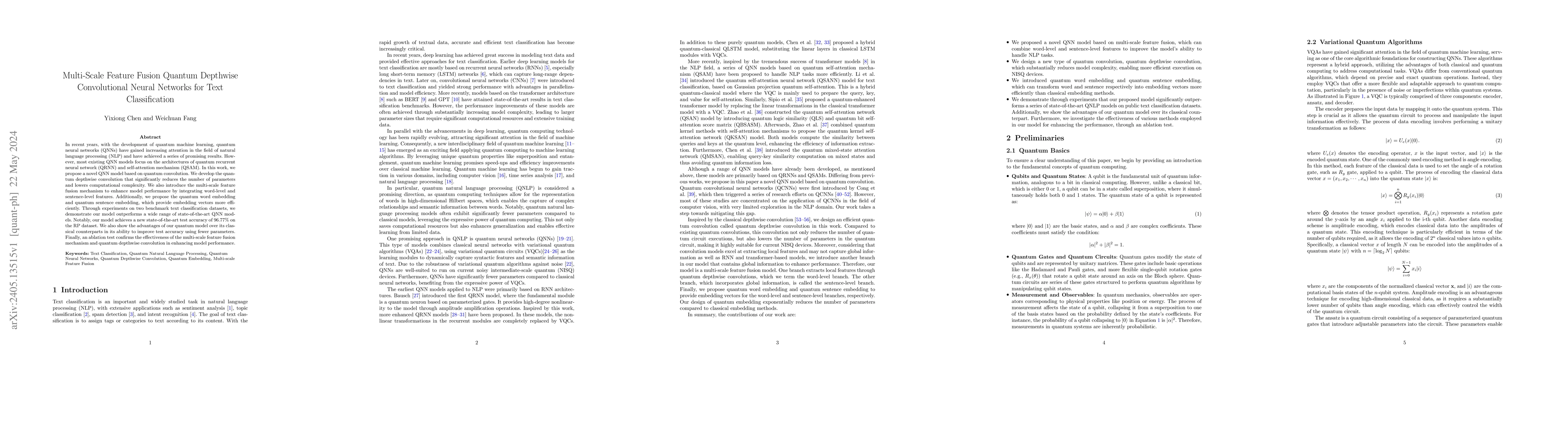 Thumbnail for Multi-Scale Feature Fusion Quantum Depthwise Convolutional Neural
  Networks for Text Classification