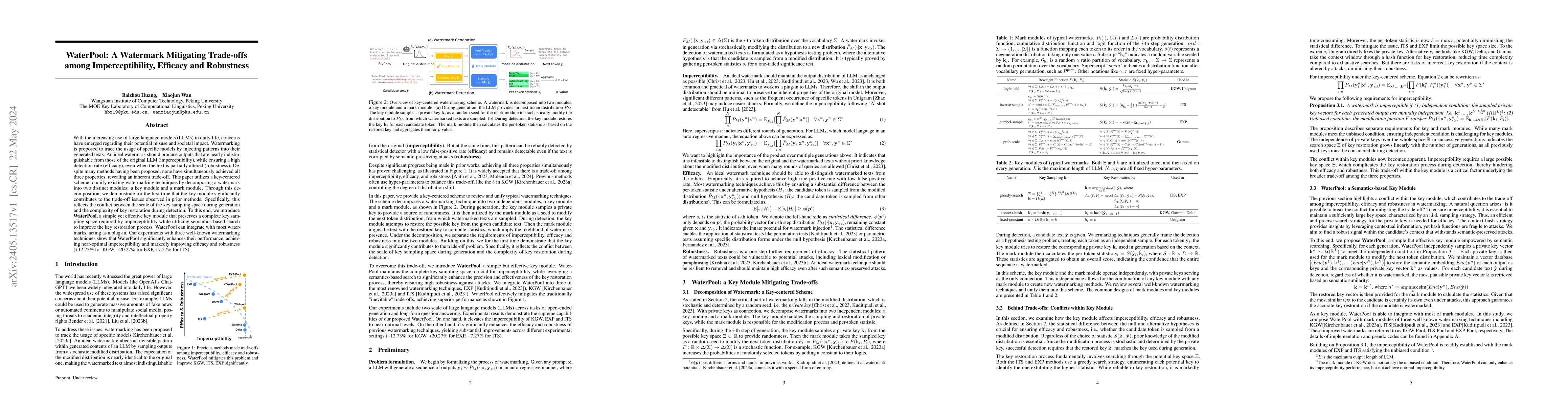 Thumbnail for WaterPool: A Watermark Mitigating Trade-offs among Imperceptibility,
  Efficacy and Robustness