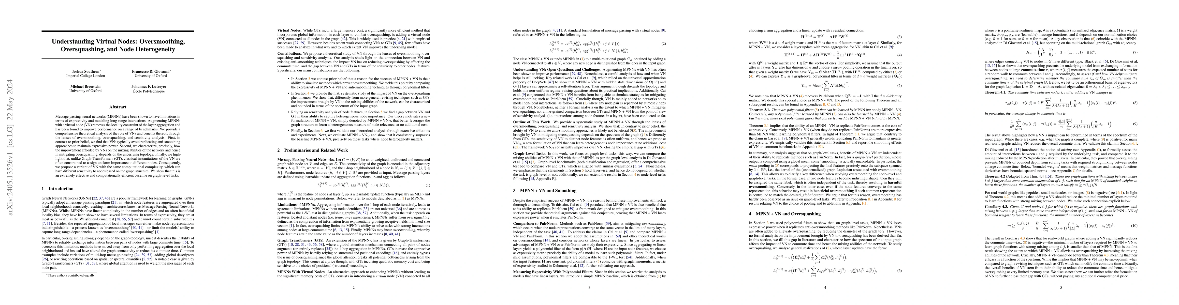 Thumbnail for Understanding Virtual Nodes: Oversmoothing, Oversquashing, and Node
  Heterogeneity