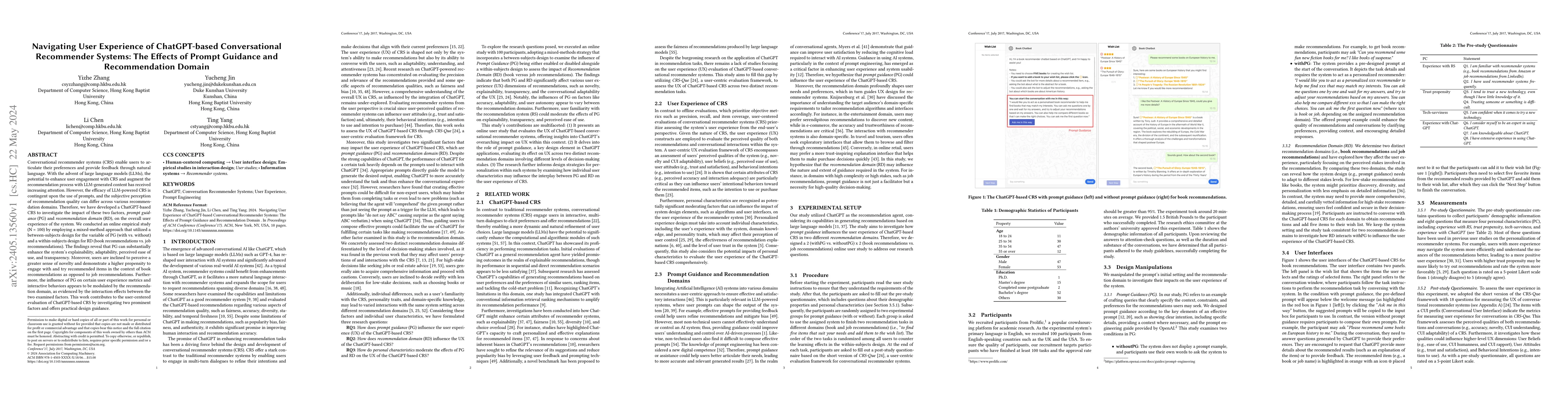 Thumbnail for Navigating User Experience of ChatGPT-based Conversational Recommender
  Systems: The Effects of Prompt Guidance and Recommendation Domain