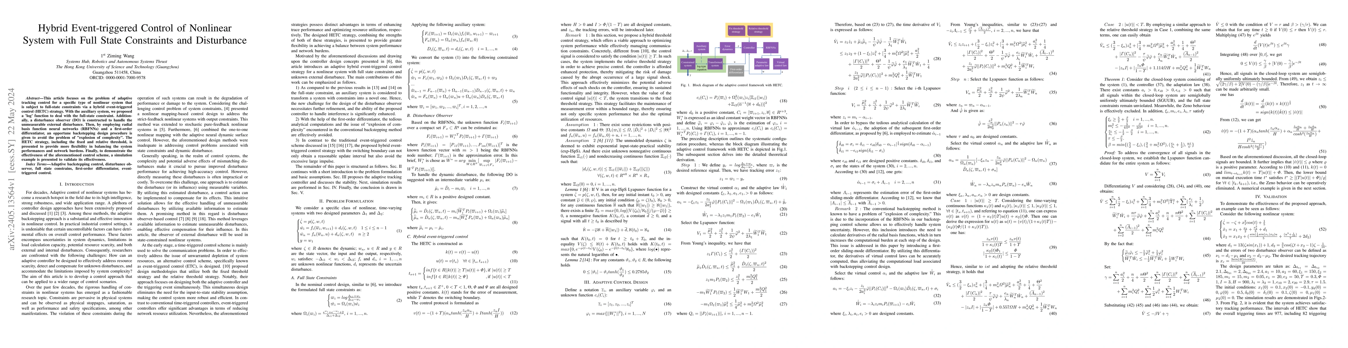 Thumbnail for Hybrid Event-triggered Control of Nonlinear System with Full State
  Constraints and Disturbance