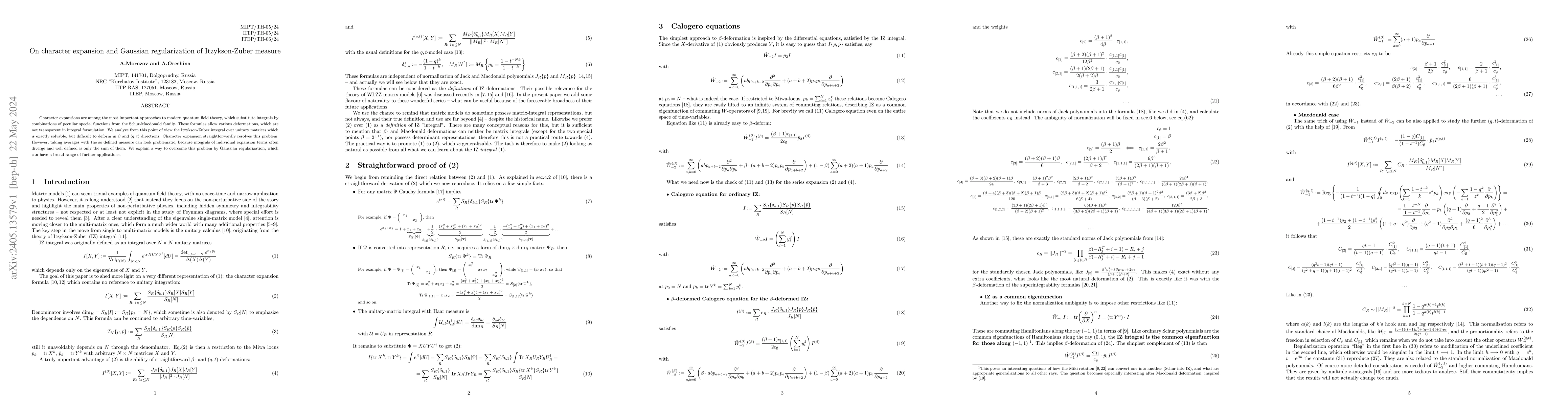 Thumbnail for On character expansion and Gaussian regularization of Itzykson-Zuber
  measure