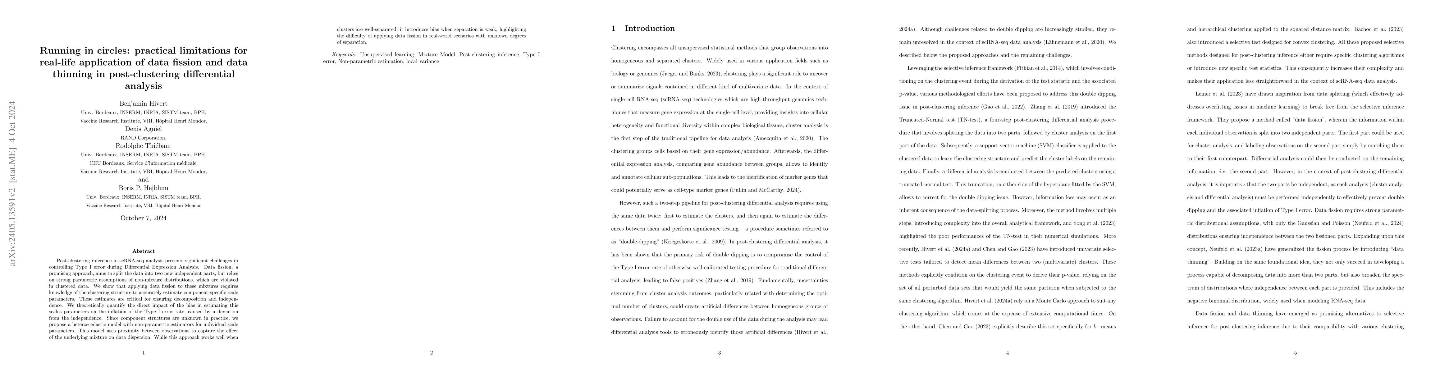 Thumbnail for Running in circles: is practical application feasible for data fission
  and data thinning in post-clustering differential analysis?