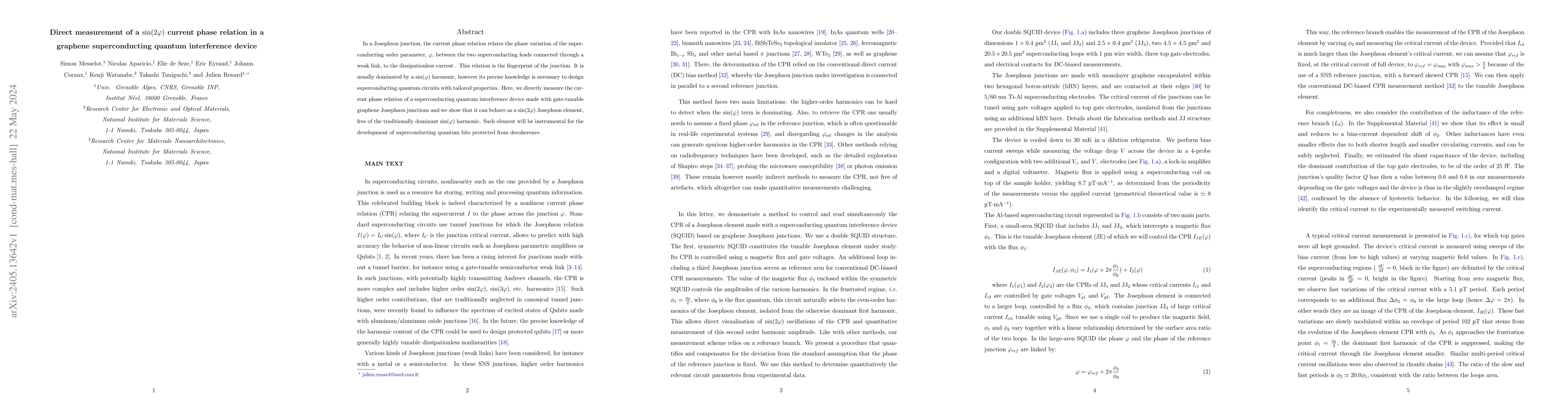 Thumbnail for Direct measurement of a $\sin(2\varphi)$ current phase relation in a
  graphene superconducting quantum interference device