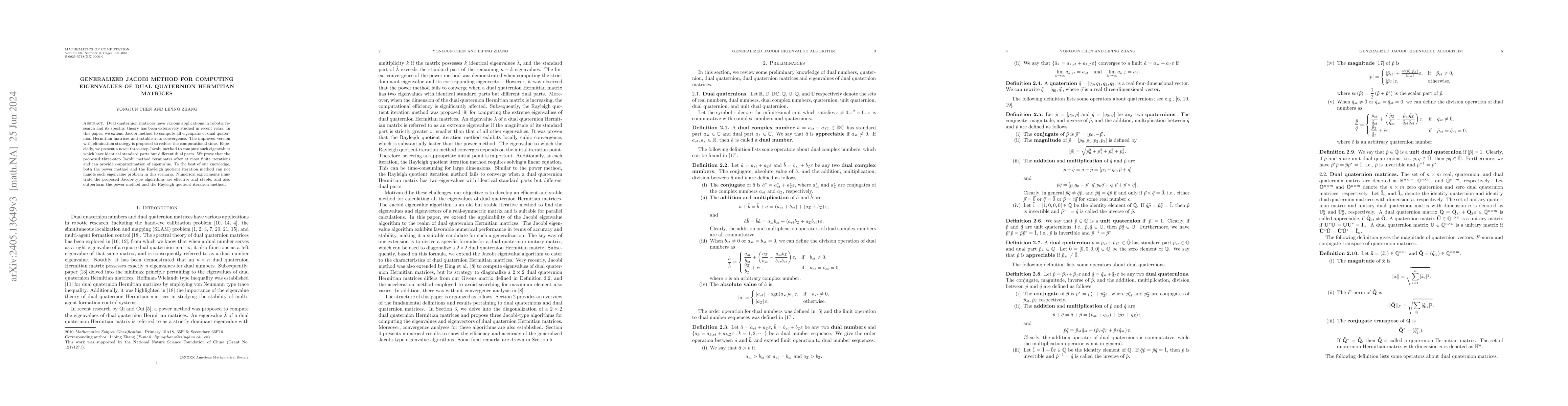 Thumbnail for Generalized Jacobi Method for Computing Eigenvalues of Dual Quaternion
  Hermitian Matrices