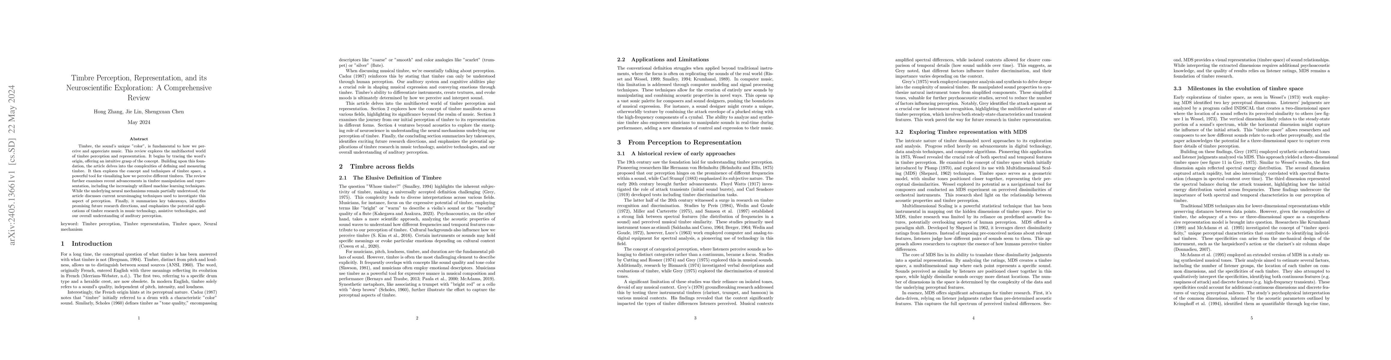 Thumbnail for Timbre Perception, Representation, and its Neuroscientific Exploration:
  A Comprehensive Review