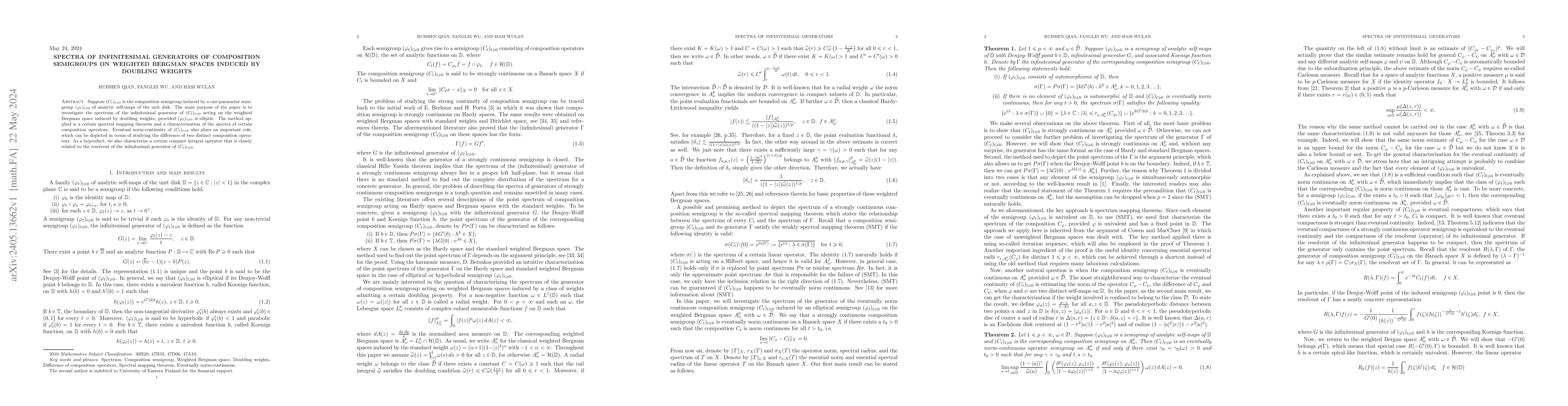 Thumbnail for Spectra of infinitesimal generators of composition semigroups on
  weighted Bergman spaces induced by doubling weights