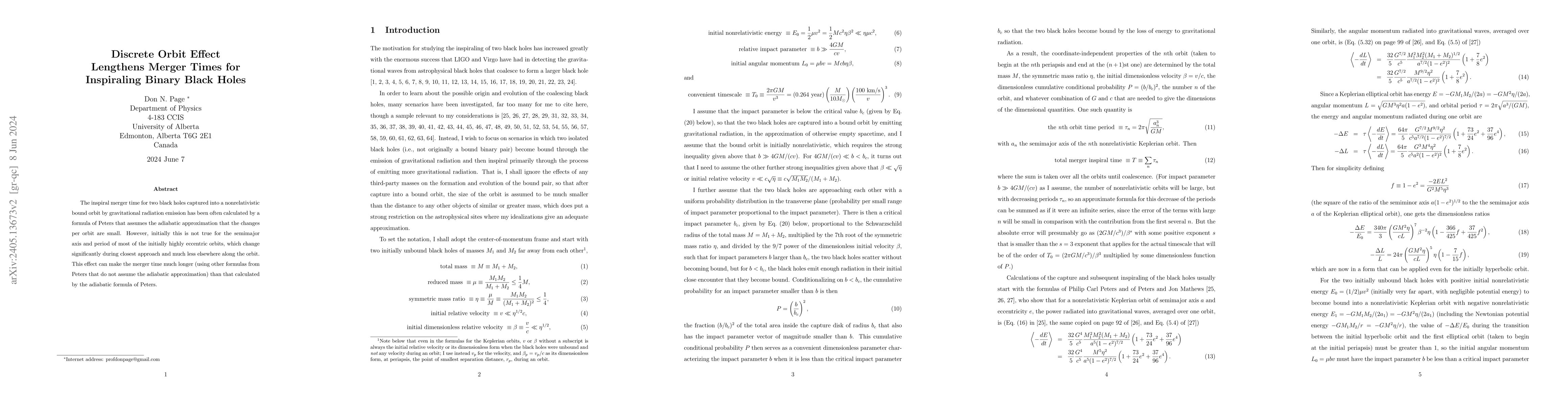 Thumbnail for Discrete Orbit Effect Lengthens Merger Times for Inspiraling Binary
  Black Holes