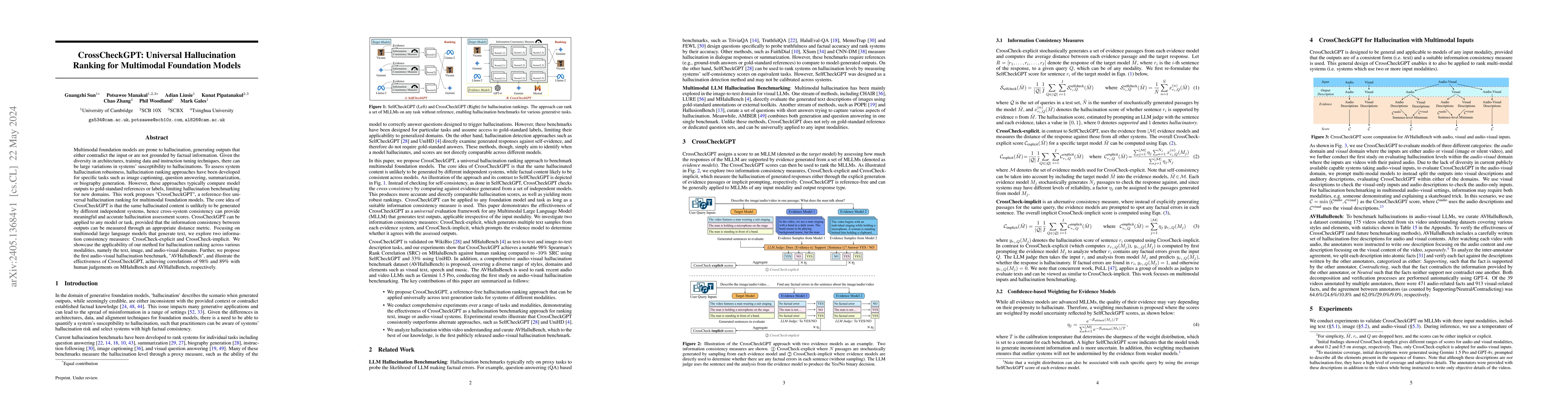 Thumbnail for CrossCheckGPT: Universal Hallucination Ranking for Multimodal Foundation
  Models