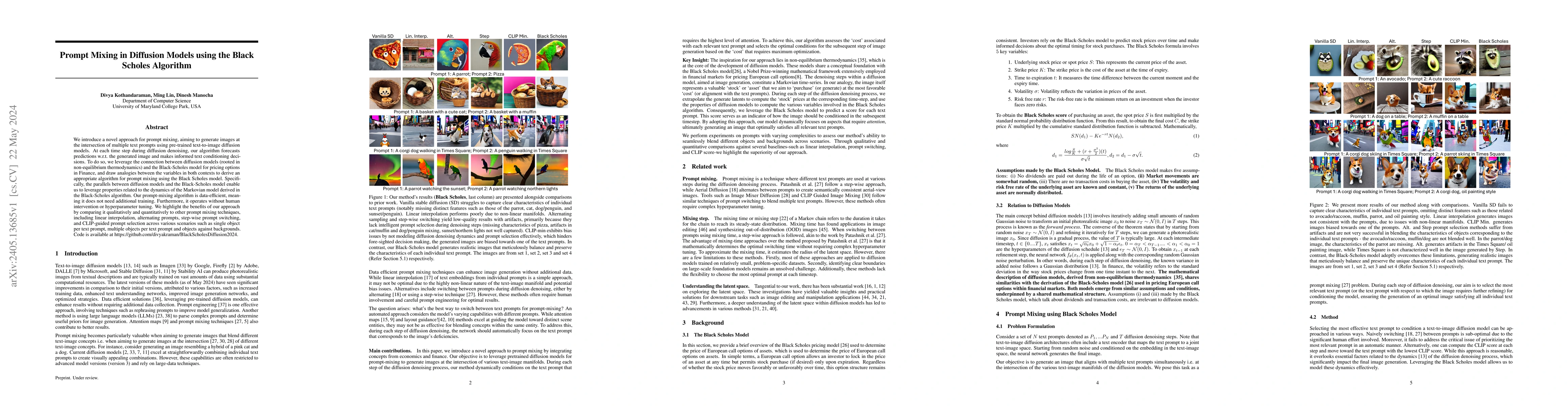 Thumbnail for Prompt Mixing in Diffusion Models using the Black Scholes Algorithm