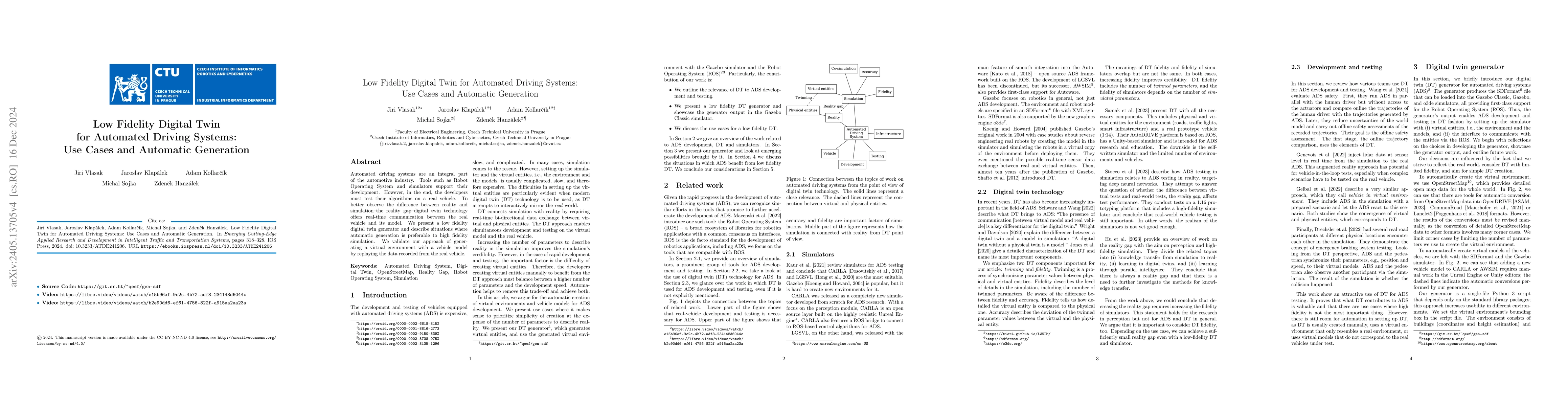 Thumbnail for Low Fidelity Digital Twin for Automated Driving Systems: Use Cases and
  Automatic Generation