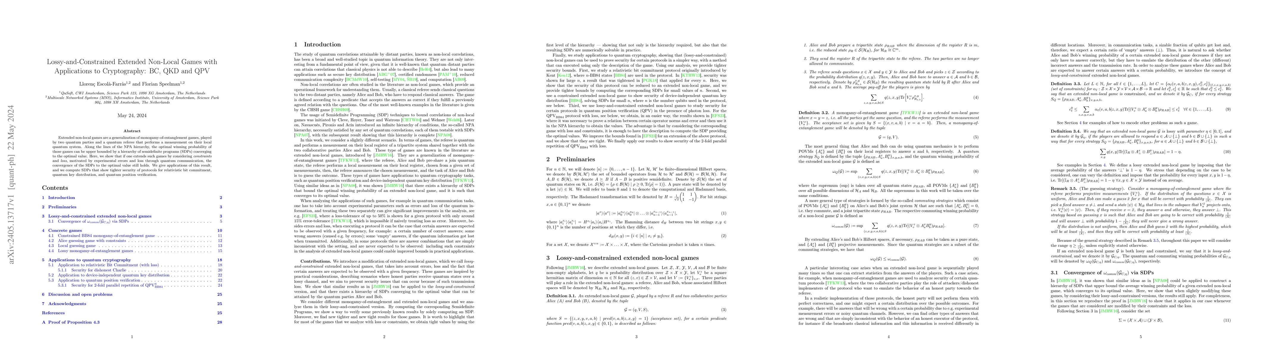 Thumbnail for Lossy-and-Constrained Extended Non-Local Games with Applications to
  Cryptography: BC, QKD and QPV