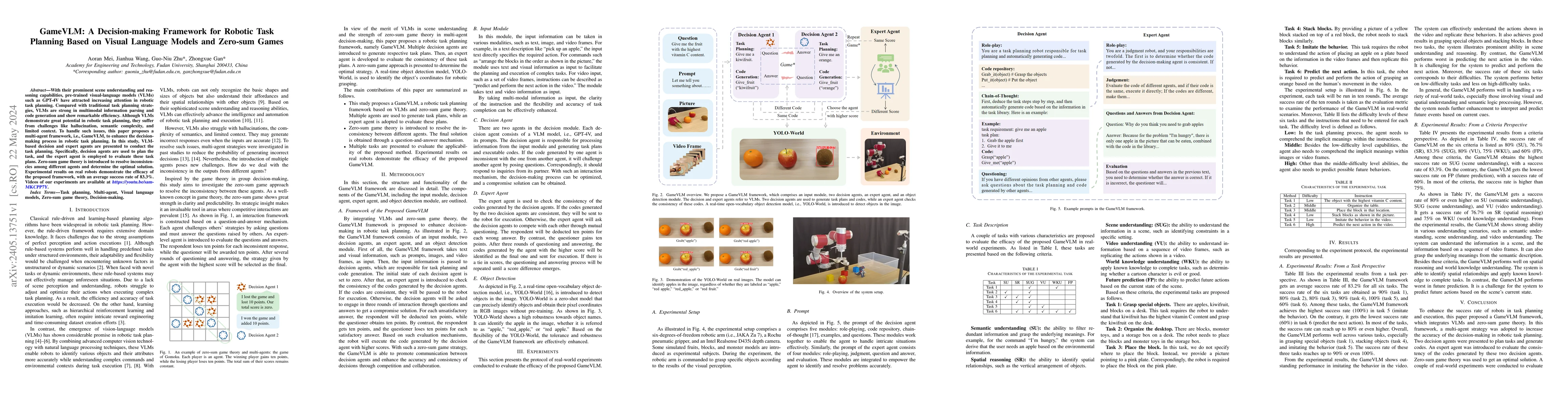 Thumbnail for GameVLM: A Decision-making Framework for Robotic Task Planning Based on
  Visual Language Models and Zero-sum Games
