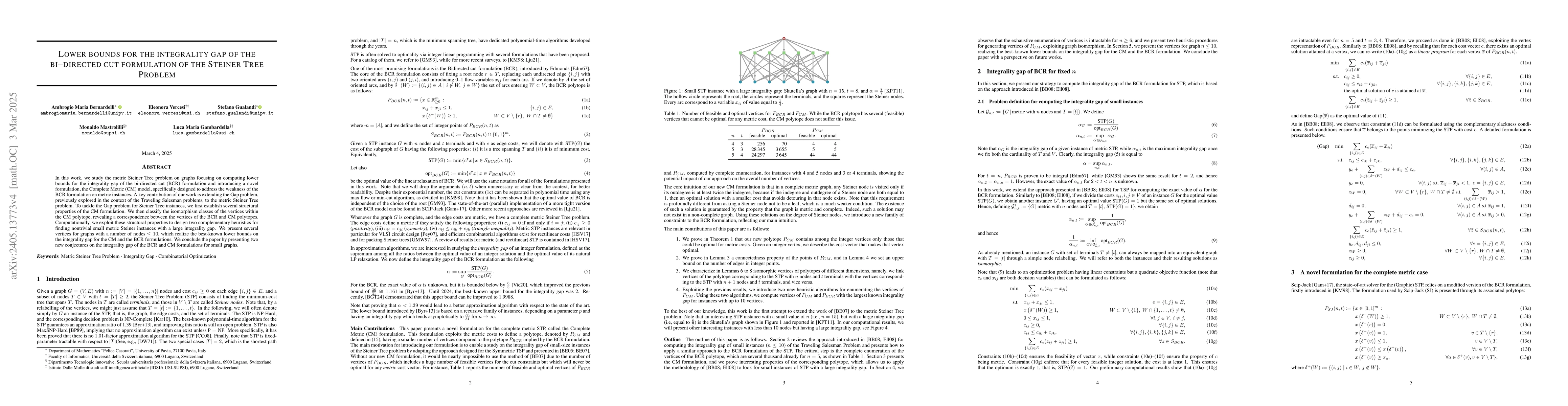 Thumbnail for On the integrality gap of the Complete Metric Steiner Tree Problem via a
  novel formulation
